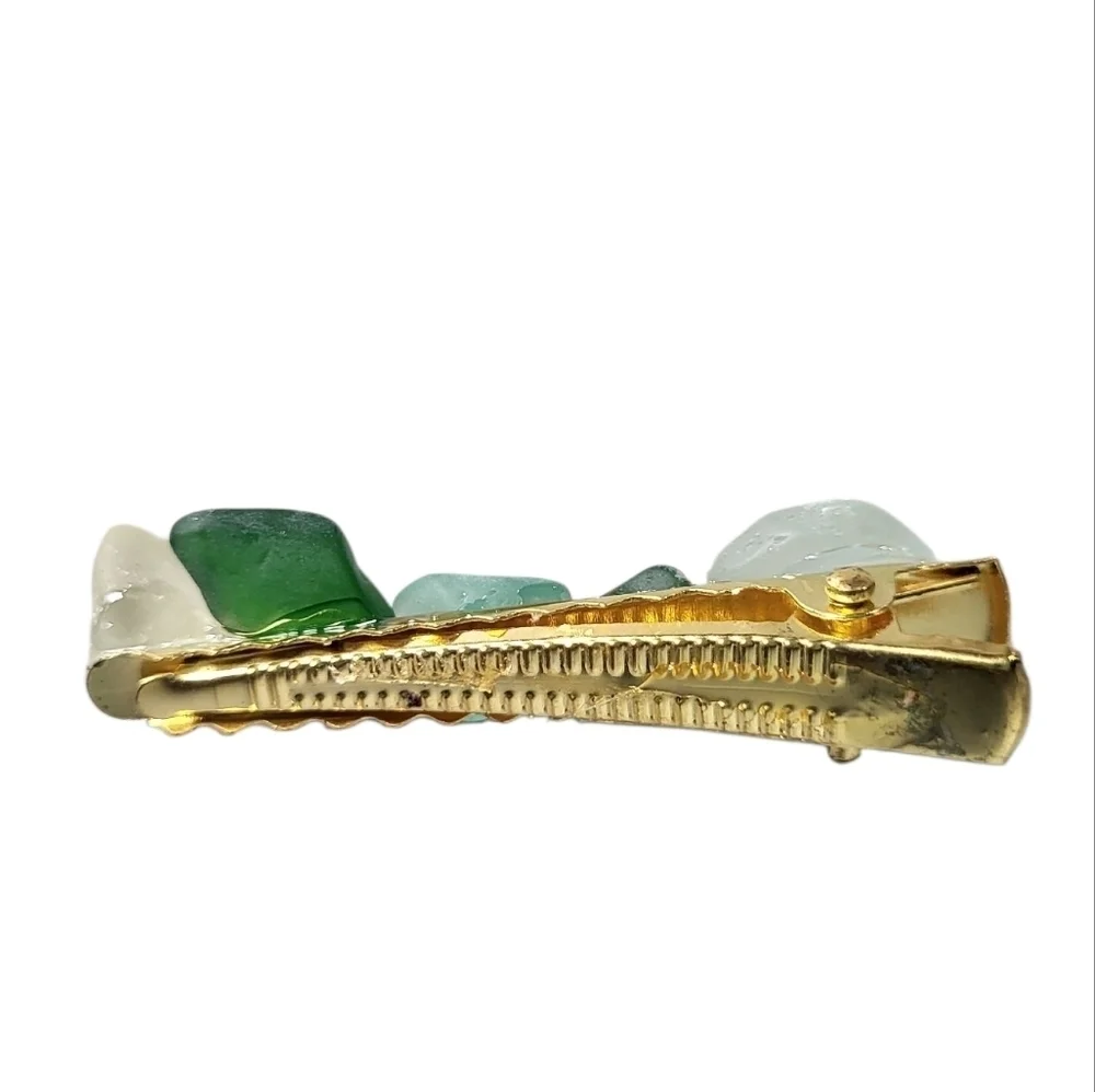 Handmade Sea Glass Barrette Hair Clip Green & White Beach Glass